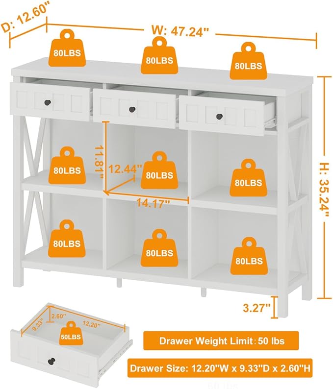 FATORRI 6 Cube Storage Organizer Bookshelf with 3 Drawers, 47 Inch Long Horizontal Bookshelf, Modern Wood Short Book Shelf. Low Cube Bookcase for Living Room, Home Office, Entryway (White Oak)