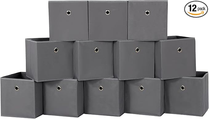 Foldable Storage Cubes Bins ,11 Inch Cloth Storage Cube Fabric Storage Box Cubes Organizer Baskets with Dual Handles for Home Organizer Set of 12 (Grey)