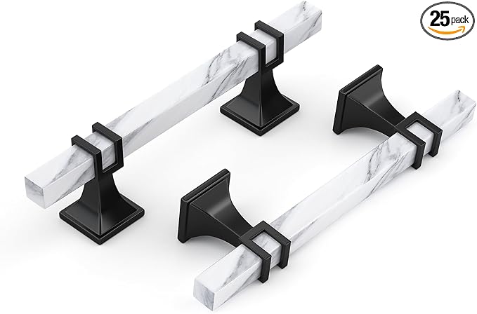 30 Pack 3-3/4 Inch White Marble Cabinet Pulls, Black Cabinet Handles Marble Grain and Black Pulls, Kitchen Cabinet Handles Square Dresser Drawer Pulls Kitchen Hardware