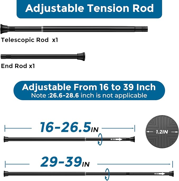 AIZESI Spring Tension Curtain Rod 18-36 Inch Adjustable Curtain Rods No Drilling Black Tension Rods for Window, Doorway, Kitchen, Cupboard, Wardrobe, Closet Storage