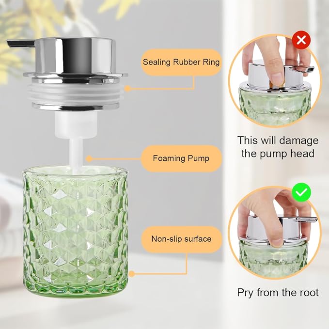 10 Oz Glass Hand Soap Dispenser with Pump, Refillable Bathroom Gold Foaming Soap Dispenser, Vintage Glass Diamond Lotion Container Bottle for Bathroom and Kitchen (1, Green and Silver)