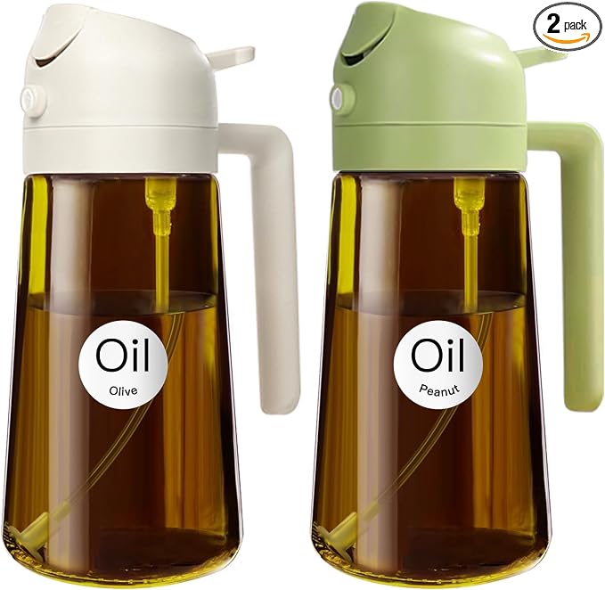 YARRAMATE 2PCS 16oz/470ml Oil Sprayer for Cooking with Stickers, Food-Grade 2 in 1 Olive Oil Dispenser Bottle for Kitchen, Premium Dark Green Glass Oil Bottle for Air Fryer, BBQ (White & Green)