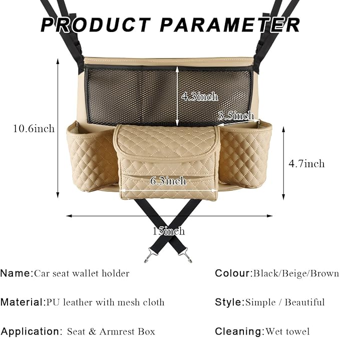 DXNQ Car Purse Holder Between Seats, Luxury Leather Front Seat Back Handbag Organizer with Tissue Box Cup Holders, Auto Large Capacity Multi Pocket Purse Holder Hanging Storage Bag (Beige)