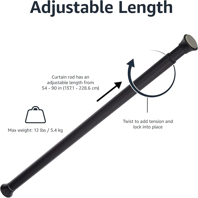 Amazon Basics No Drill Adjustable Sturdy Spring Tension Curtain Rod, Adjustable 54-90" Width, Black, Classic Finial