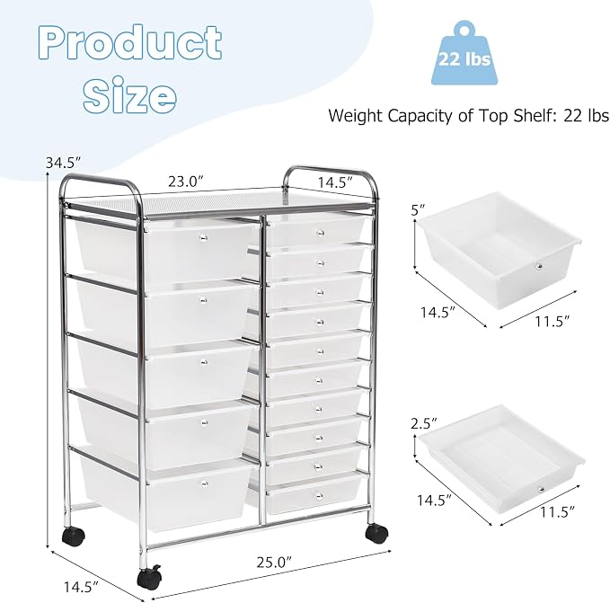 DREAMADE Rolling Cart with 15 Drawers, Clear Plastic Drawer Organizer w/Lockable Wheels, Removable & 2-Sized Storage Drawers, Art Cart for School Home Art Supplies Crafts File Scrapbook (Transparent)