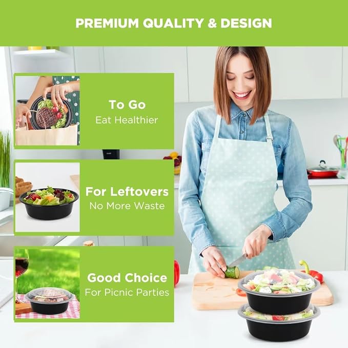 WGCC Meal Prep Containers with Lids - 50Pack 16OZ Meal Prep Bowls, Disposable Food Prep Containers, Round To Go Containers with Lids, BPA-Free, Freezer & Dishwasher Safe