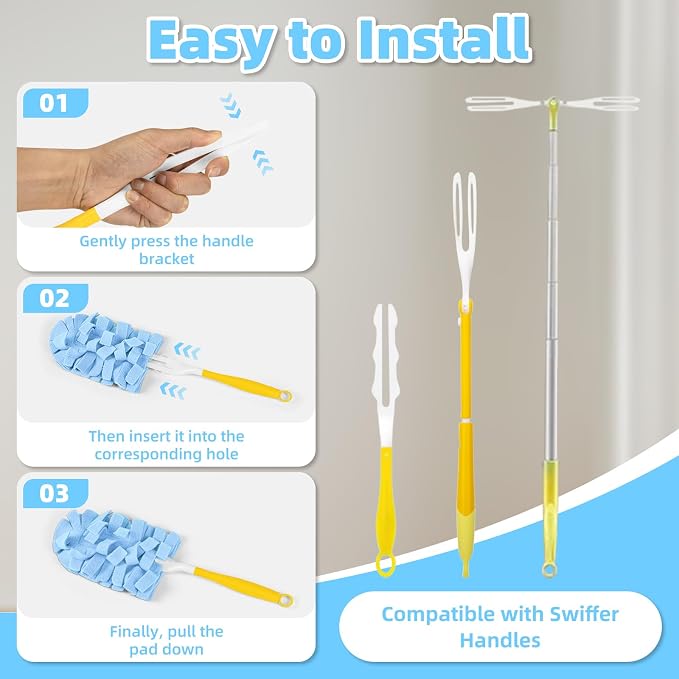 6 PCS Reusable Duster for Swiffer, Washable 360 Fleece Duster Refills for Fans, Floors, Blinds, Windows (Include 1 Handle & Laundry Bag)