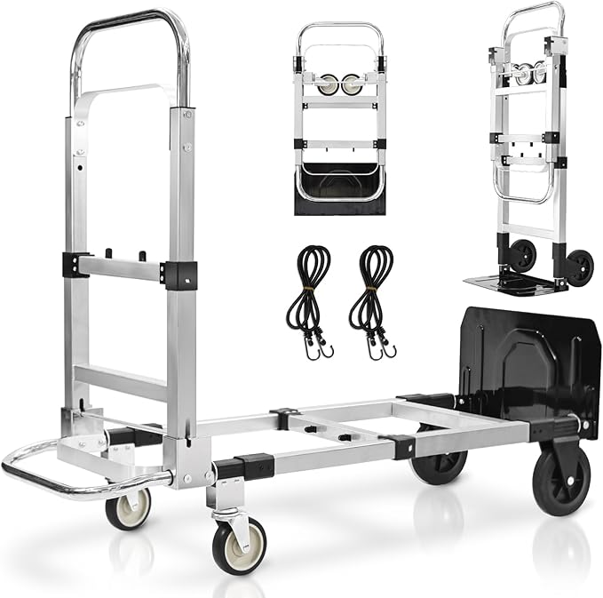600-Pound 4-Wheel Folding Hand Truck/Cart, Heavy-Duty with Adjustable Height & Length, for Industrial Use and Home Moving