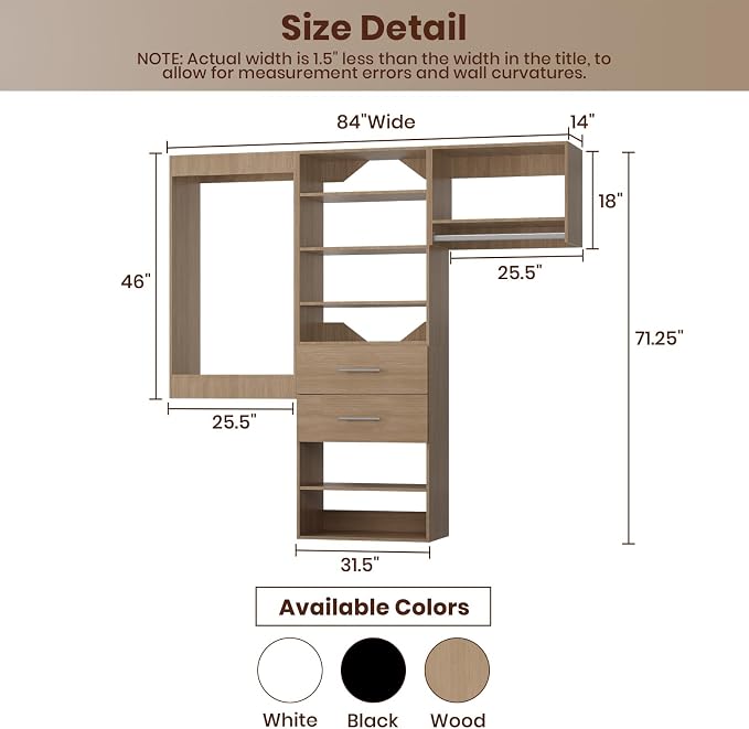 ROOMTEC Modular Closet System, 84" Wall Mounted Modern Closet Organizer with Hanging Rods and Drawers, Wooden Tower for Walk-In Closets, Wardrobe Storage Kit, Wood