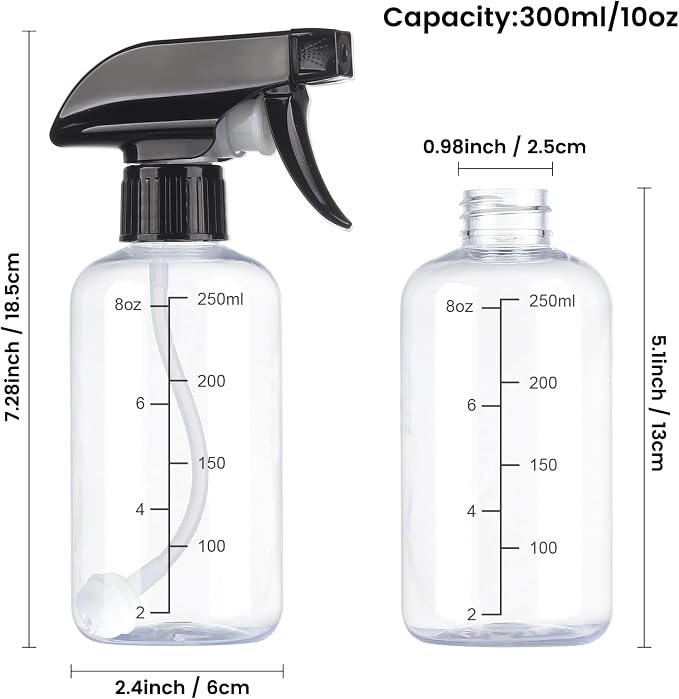 360° Spray Bottles 2 Pack 10oz Plastic Water Sprayer Small Squirt Bottle | Empty Water Spray Bottle Fine Mist Upside Down Containers with Adjustable Nozzle BPA Free for Hair Cleaning Cooking Plant Pet