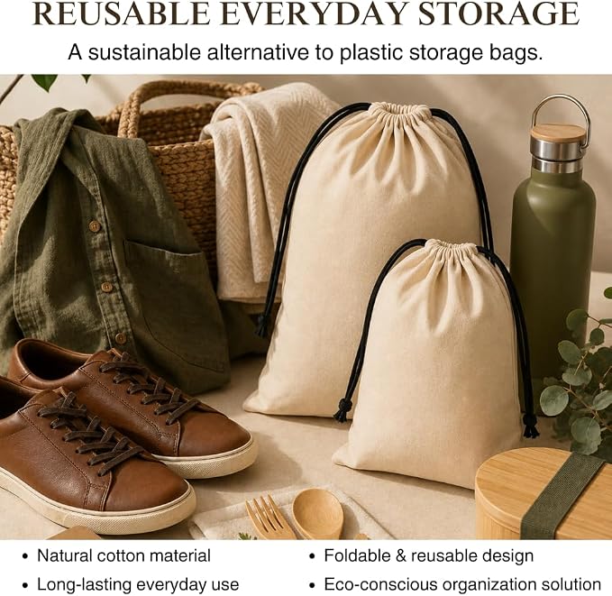 3 Pack Shoe Bags for Travel, Drawstring Portable Shoe Bags for Storage, Travel Essential Cotton Footwear Laundry Bag For Men & Women, Dustproof Reusable Organizer Bags for Sneakers: 15"x12"