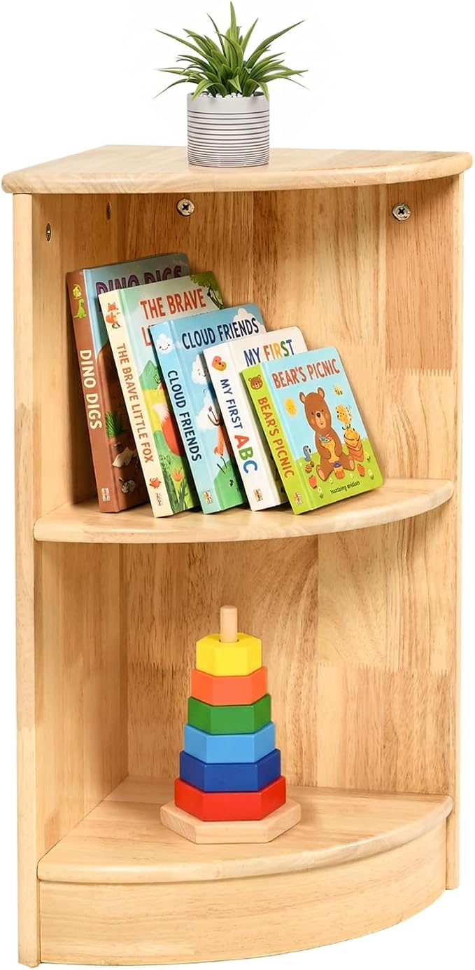WINGYZ Rubber Wood Corner Cabinet, 2-Tier Montessori Shelf 11.8" L Bookcase | Toy Storage Organizer, 150lb Capacity, Montessori Bookshelf for Kids Rooms, Classroom, Playroom, Nursery, Daycare, Child-Safe
