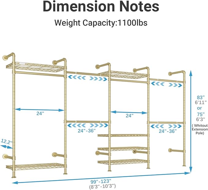 Timate F4 Wall Mounted Clothes Rack Industrial Pipe Clothing Rack for Hanging Clothes, Expandable Garment Rack Heavy Duty Wardrobe Closet Organizer and Storage, Adjustable Industrial Closet Kit, Gold