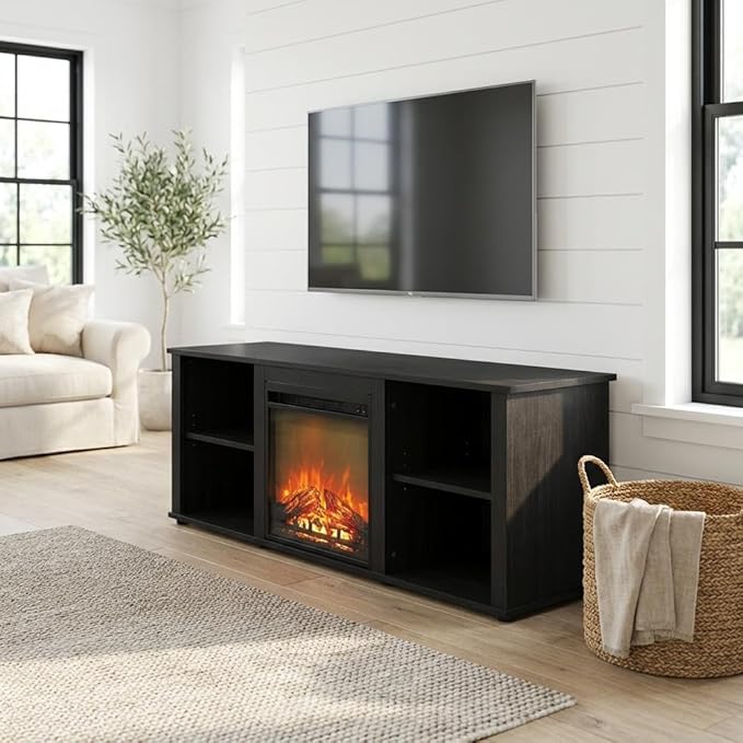 Furnifact Americano Wood TV Stand with Fireplace, Modern Design, Sturdy Construction, Elegant Finish, Suitable for Living Room, Entertainment Center