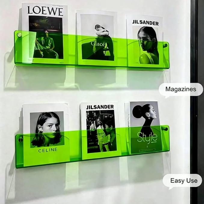 ROYALITA 2-Pack Acrylic Magazine Holder Brochure Holder, Green 36 Inch | Record Magazine Rack, Fashion Floating Bookshelf, Literature Storage Rack for Waiting Room, Living Room, Office