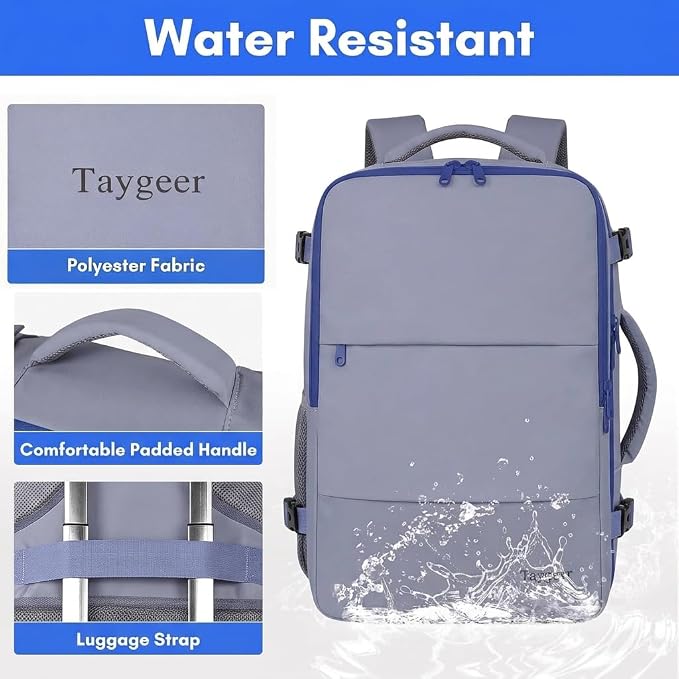 Taygeer Large Travel Backpack for Men Women, 35L Carry On Backpack | Airline Approved Personal Item Travel Bag with Water Bottle Pocket & Shoe Pouch, Laptop Backpack for Gym Hiking, Gray Blue