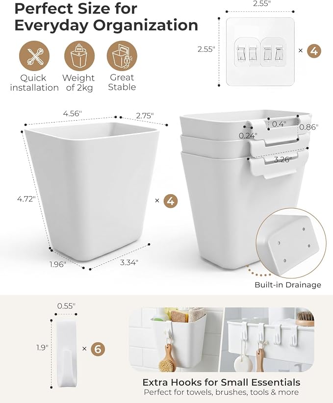 4 Pack Rolling Cart Accessories, White Craft Cart Cup Holder and 6 Hooks for Utility Carts Accessories, Adhesive Kitchen Cabinet Door Storage, Space-Saving Wall Mount Organizer for Bathroom, Office