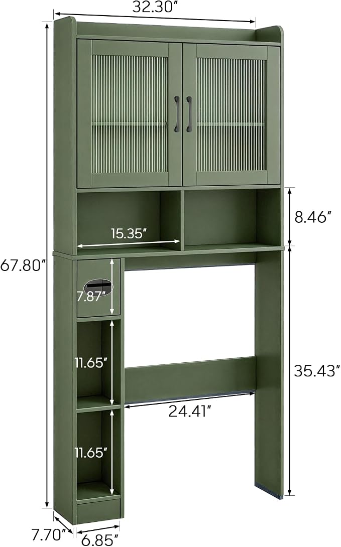 Vabches Over-The-Toilet Storage Cabinet, Farmhouse Style with 2 Acrylic Waves Doors, Space-Saving Home Storage Rack for Restroom, Bathroom and Laundry Room. Green