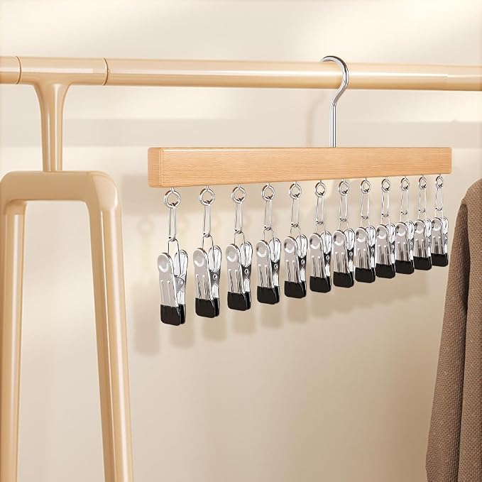 Hanging Closet Organizer with 10 Clips, Space Saving Closet Storage for Hats, Scarves, Socks, Jeans, Skirts & Pants, Multi-Purpose Clothes Hanger with Clips (1 PCS, Vintage)