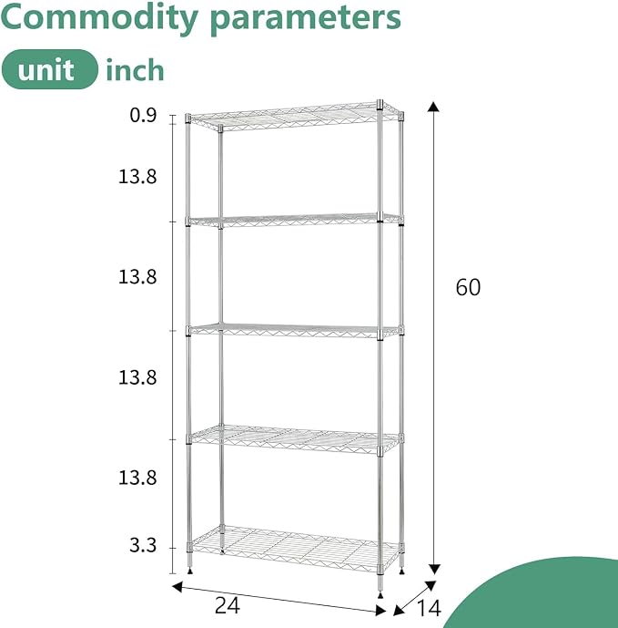 FDW 24" L×14" W×60" H Wire Shelving Unit Metal Shelf with 5 Tier Layer Rack Strong Steel for Restaurant Garage Pantry Kitchen Garage,Chrome