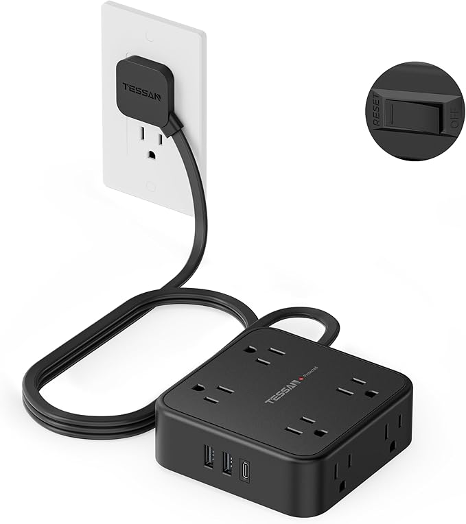 TESSAN Surge Protector Power Strip, 5 Ft Flat Plug Extension Cord with 3 USB (1 USB C) 8 Outlets, 900J Protection, 3 Sided Outlet Extender with Power Switch for Office, Dorm Room, Black