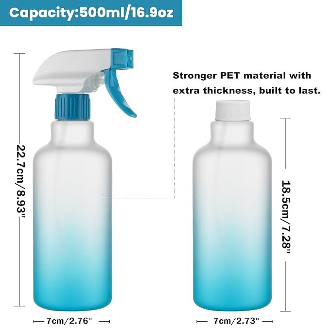 16.9oz/500ml Plastic Spray Bottles 2 Pack, Adjustable Mist Stream | Heavy Duty refillable spray containers for plant care, hair mist and household cleaning