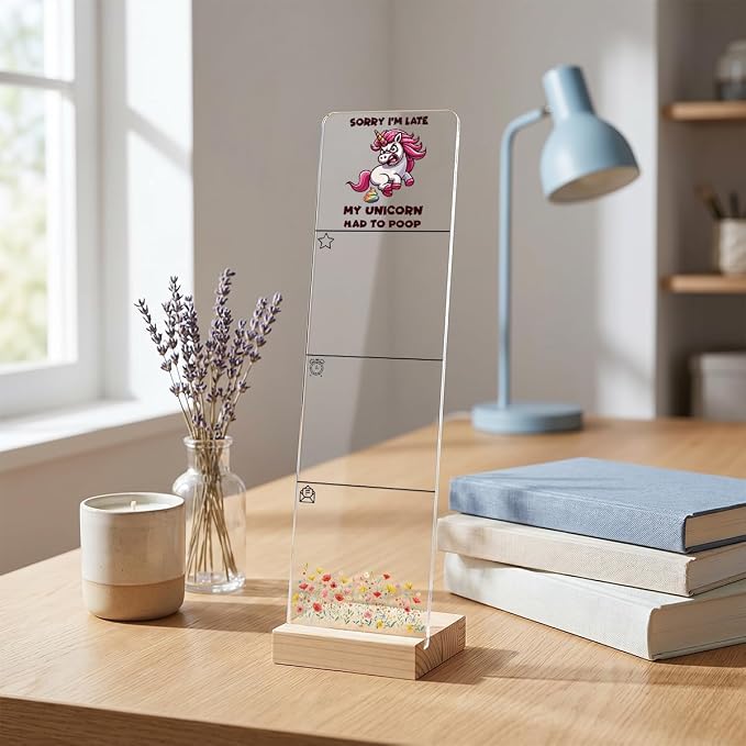 Sticky Note Holder, Monitor Memo Board, Acrylic Post It Note Holder with Wooden Base, Includes 200 Notes, Desk Organizer, Funny Unicorn Quote “Sorry I’m Late My Unicorn Had to Poop”