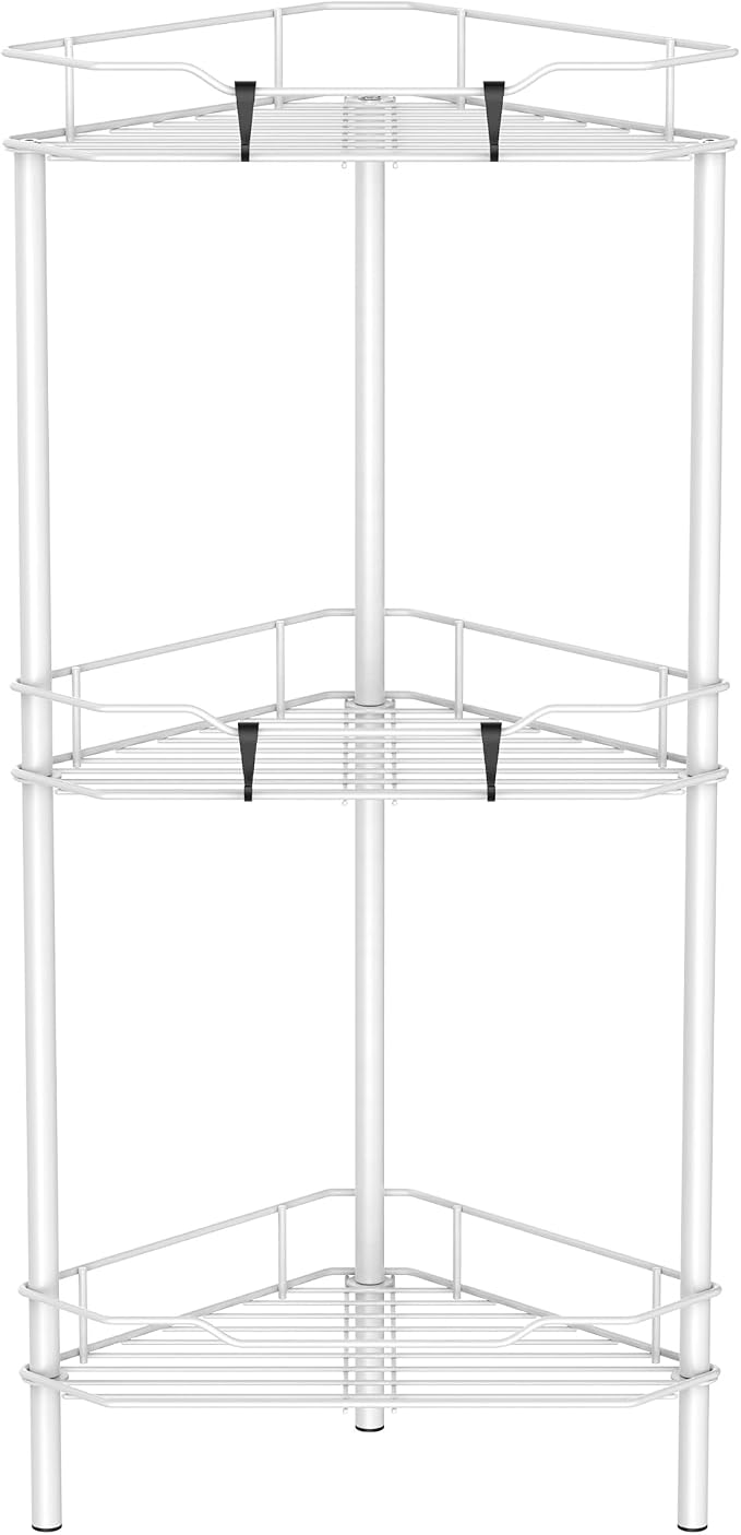 HuggieGems 3 Tier Floor Standing Corner Shower Caddy Organizer Shelf with Hooks, Bathroom Shelves Stand Rack, White
