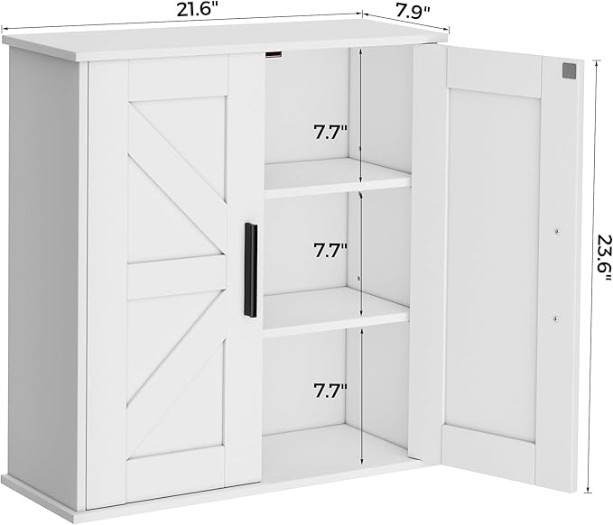 Homleke Bathroom Wall Cabinet, Medicine Cabinet with Adjustable Shelves | 3-Tier Wall Mounted Over Toilet Storage with Barn Doors, for Bathroom, Kitchen, Entryway, Laundry Room, White, (7.9" D)