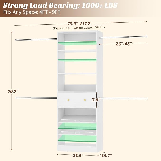 Armocity Wood Closet Organizer System - 4FT-9FT Expandable Wardrobe Closet with Drawer & 4 Hanging Rods, Heavy Duty Walk-in Closet 1000Lbs for Bedroom Walk-in Closet, White