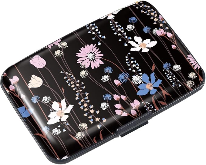 Coco Rossi Credit Card Holder RFID Aluminum Small Mini Wallet Women | Metal Wallet, Business Cards Holder, ID Case, Slim Sleeves, Womens Girls Gift, Carry Proof Wallets for Travel, Black Daisy