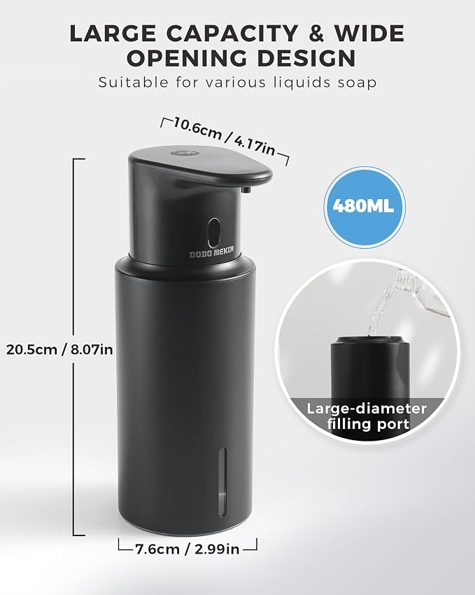 Automatic Foaming Soap Dispenser Touchless, 304 Stainless Steel Bottle Body | 16.2oz/480ml,USB Rechargeable, 3 Adjustable Liquid Levels, IPX7 Waterproof, for Kitchen Bathroom, Black