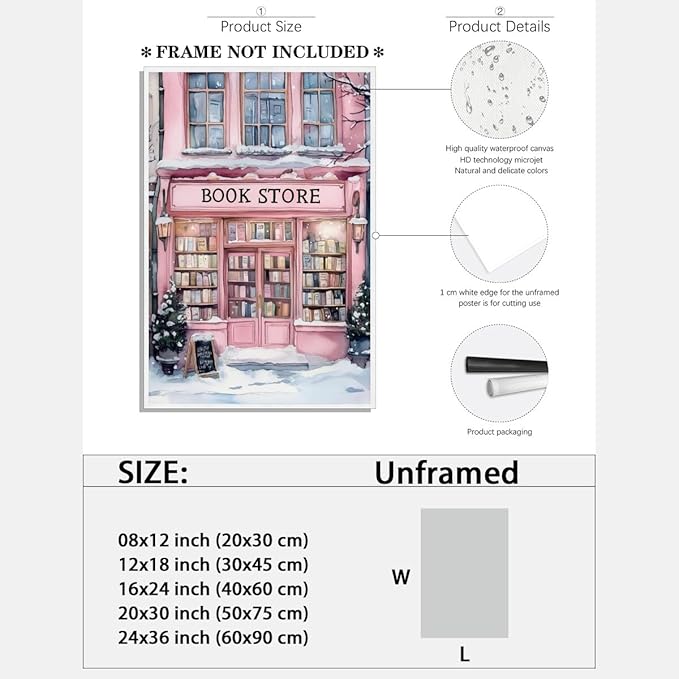 Winter Bookshop Snowy Art Aesthetic Poster Canvas Wall Art Decoration Living Room Home Decor Bedroom Decoration Poster Unframed24x36inch