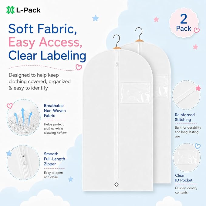 Kids Garment Bag with Clear Window, Hanging Clothes Storage Cover for Dresses, Suits & Dance Costumes, Breathable Travel Bag for Baby Toddler Child, 30" x 18", White, Pack of 2