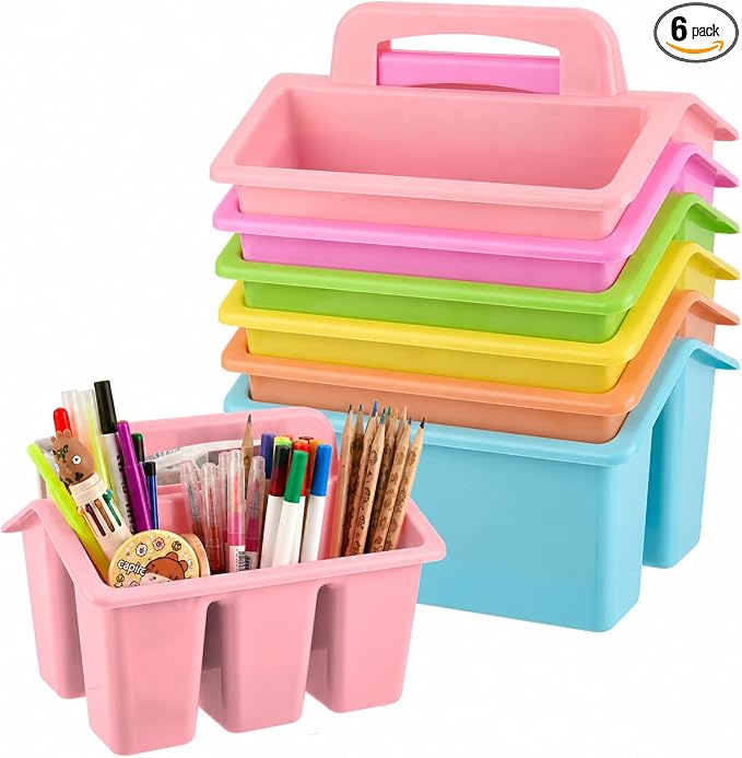 6 Pack Classroom Caddy Organizer with Handle, Table Caddy Classroom | 4 Compartments, 9×6.3×6.7 inches, Thick Durable PP Plastic, Built-in Handle, Stackable Design, for Classroom Desk Office Home