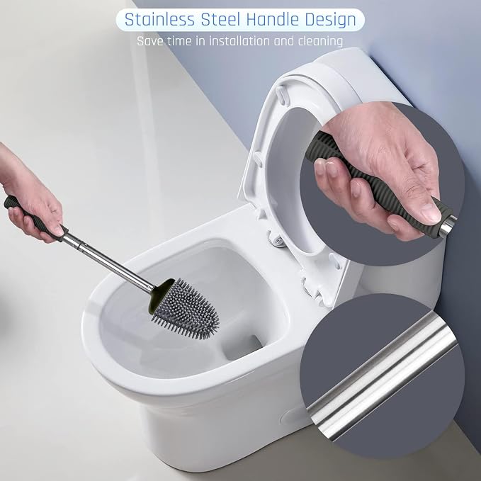 Sellemer Silicone Toilet Brush, Ventilation Slots Base Holder 2 Pack, Black | Flexible Bristles Flat Head for Rim, Hair Tangle-Free, Easy to Clean, Compact Design, Rustproof Handle, for Toilet/Sink/Tub