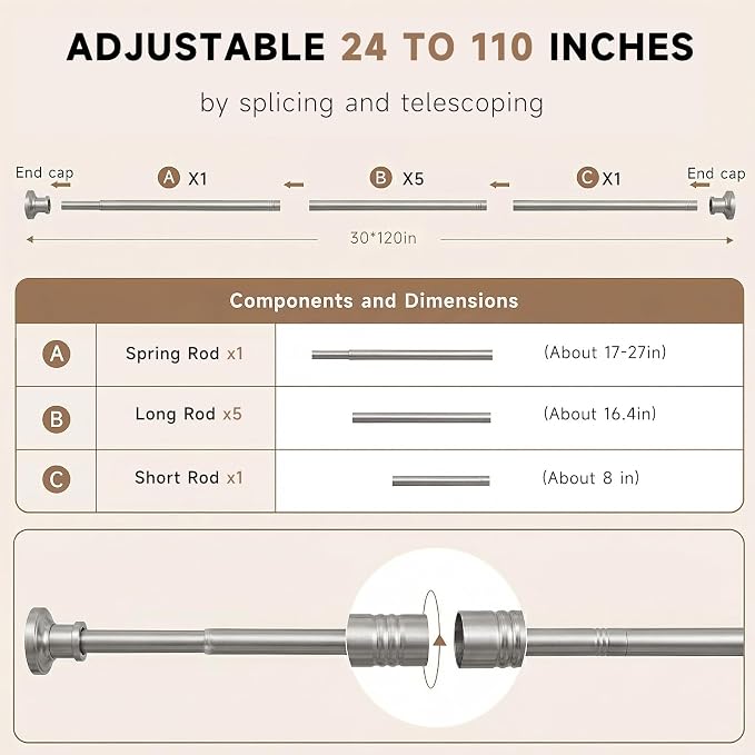 BRIOFOX Brushed Nickel Tension Curtain Rod 24 to 110 Inch(2-9.1ft) - Stainless Steel Spring Tension Shower Curtain Rod, No Drilling Tension Rod for Curtains or Windows