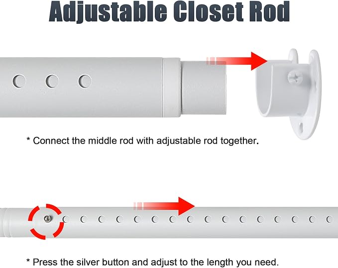 Closet Rods for Hanging Clothes, 16 to 84 Inches Closet Rod, White Closet Hanging Rod, Adjustable Rod for Closet to Hang Clothes Heavy Duty Clothing poles for Closet, Wardrobes, Laundry, RV