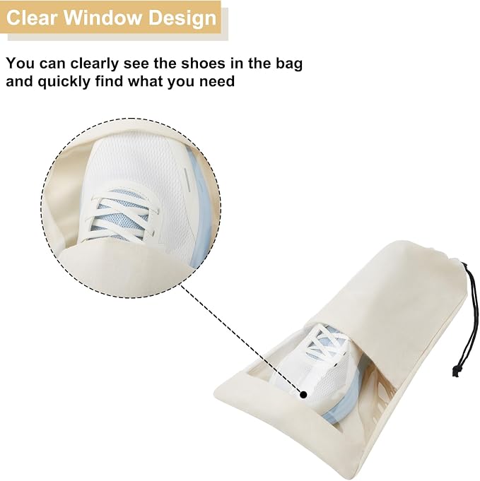 4 Pcs Single Shoe Bags for Travel, 9.1"x17.7" Drawstring Shoe Travel Bags with Clear TPU Window, Travel Organizer for Suitcase (Beige)