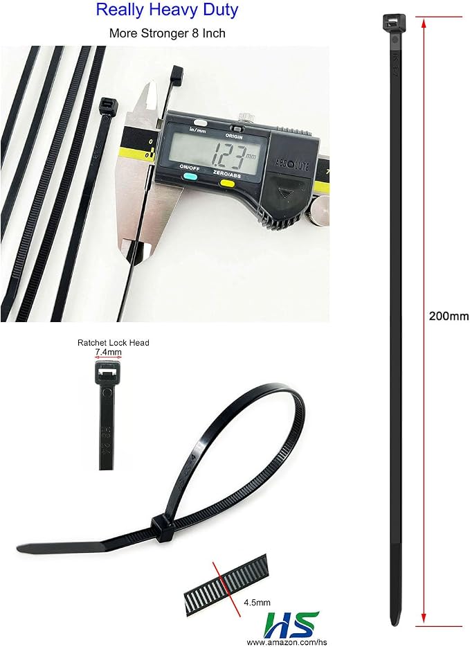 HS Thick Zip Ties 8 Inch x 3/16" (Bulk-500 Count) UV Black Cable Tie | 50 LBS Heavy Duty Self-Locking Strap Zipties for Automotive,Outdoor Fence Purpose