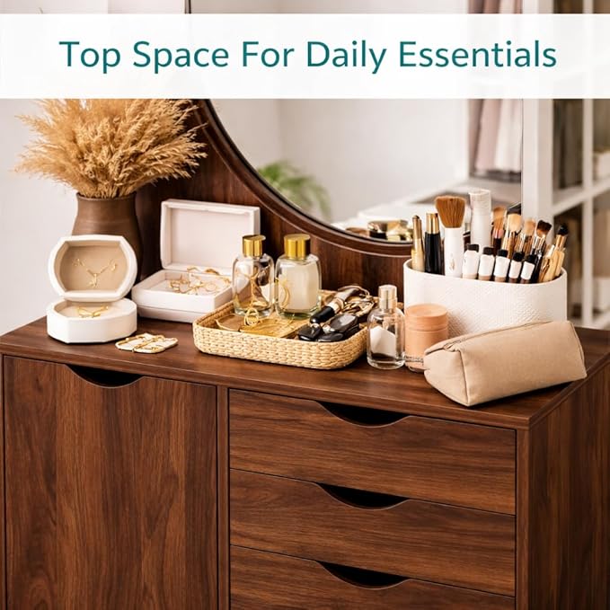 Naomi Home Wooden 5 Drawer Dresser with Cabinet Shelves and Wheels, Drawer Dresser for Bedroom Closet and Dressing Room Storage in Brown Oak
