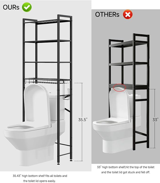 Over the Toilet Storage Rack,4-Tier Adjustable Bathroom Organizer Over Toilet with Storage Basket & 4 Hooks,Space Saving Shelf for Washer & Mini Fridge,Rustproof,Black Metal