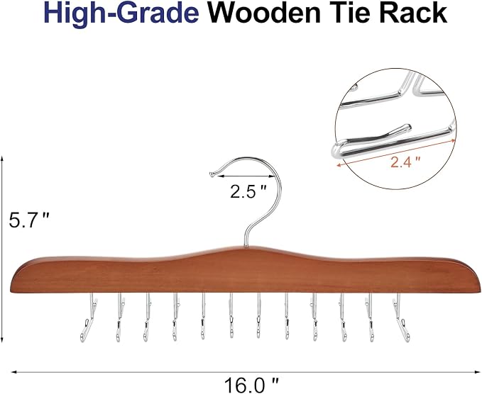 TOPIA HANGER Tie Rack Hanger for Closet 2 Packs, Wooden Tie Organizer for Men with 24 Folding Hooks, Space Saving Necktie Holder for Storage and Display Bra, Tank Top, Camisole (Walnut)-CT14WA-2
