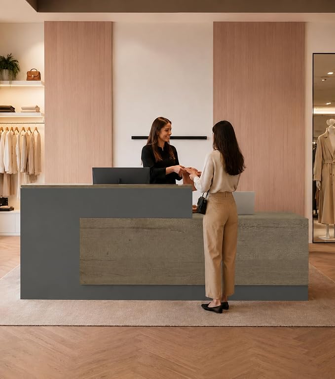 Modern L-Shaped Reception Desk with Counter - 79 Inches Front Desk with Storage Cabinet, Open Shelves, Lockable Drawer & Keyboard Tray for Office, Lobby, Checkout (Tobacco Wood & Iron Gray - Right)