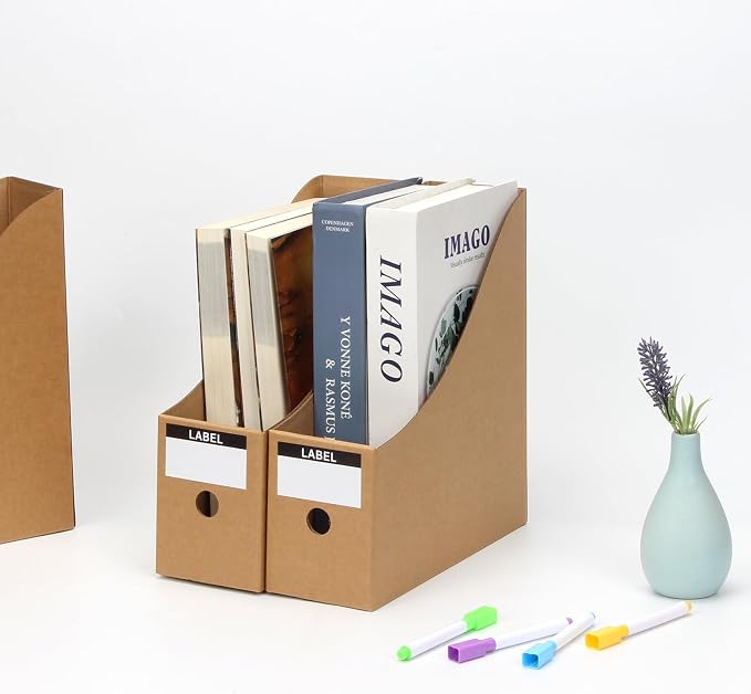 24 Pcs Cardboard Magazine File Holders Paper Magazine Book Bin Box | Bulk Kraft Paper Organizer Storage Folder with Label Sticker for School Classroom Office Library Home Supplies Desk Shelve
