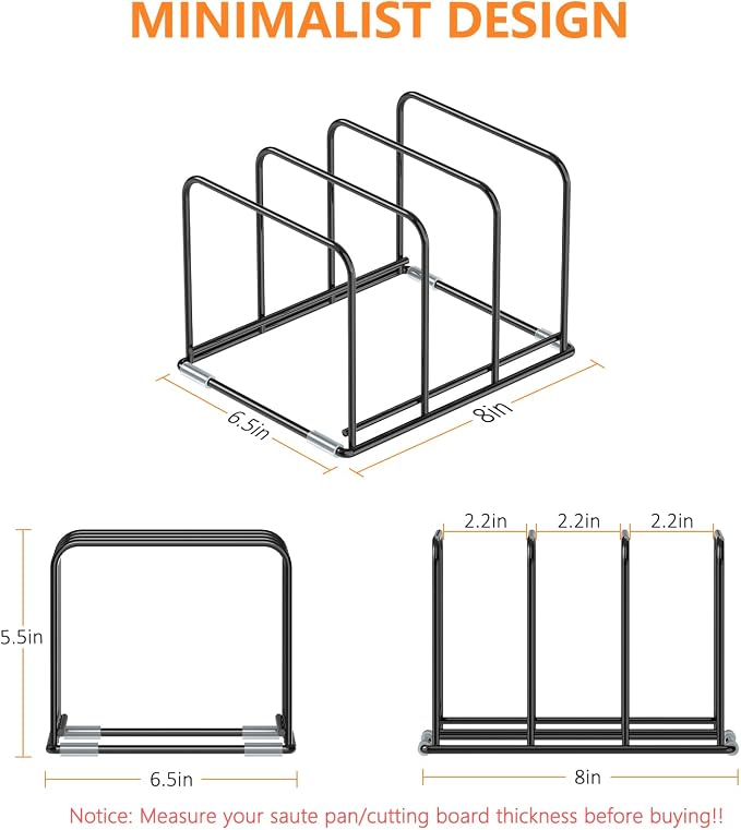 KORRTFID Kitchen Cabinet Organizer, 2PCS Steel Cookware Holder, Divided Holder with 3 Slots for Skillets Baking Tray and Chopping Board Rack - Pan Holder Storage (2.2 Inch Width Slots)