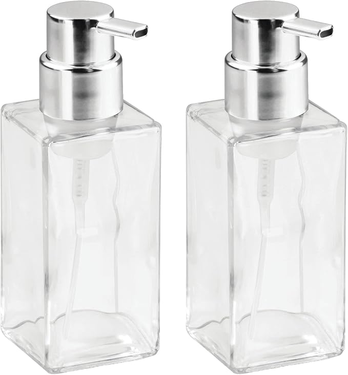 mDesign Glass Refillable Foaming Hand Soap Dispenser Modern Square Pump Bottle for Bathroom Vanities or Kitchen Sink, Countertops - 2 Pack - Clear/Chrome