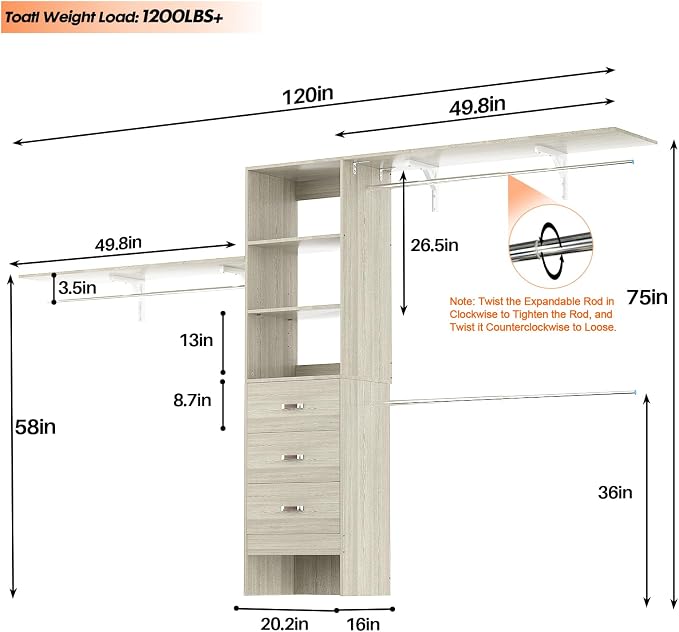 Armocity 120 Inches Closet System, 10FT Walk In Closet Organizer with 2 Shelving Towers, Heavy Duty Clothes Rack with 3 Drawers, Built-In Garment Rack, 120" L x 16" W x 75" H, Load 1300 LBS, White Oak