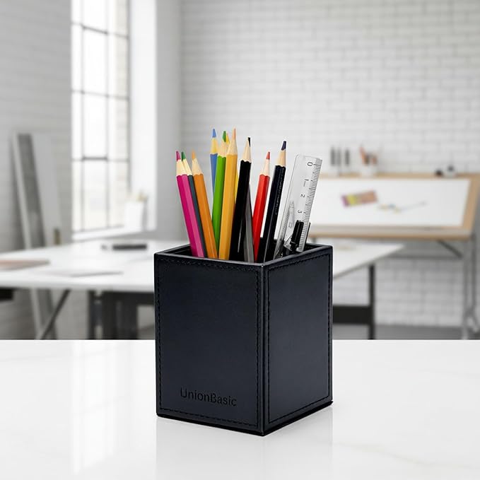 UnionBasic Square Pen Holder, Leather Pencil Cup, Desktop Caddy Stationery Organizer, Black