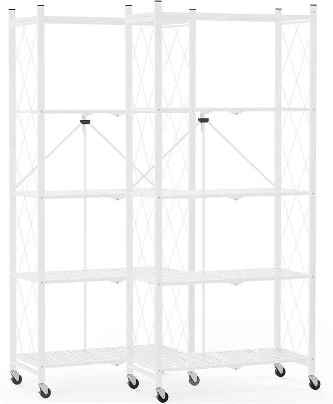 DEANIC 70.7" Tall Extra Large 5-Tier Folding Storage Shelf with Wheels, No Assembly Collapsible Metal Rack with Leveling Feet for Garage, Pantry, Basement, Vendor Display, Kitchen(White,2 Pack)